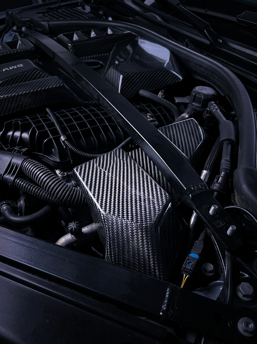 BMW 3/4 Series G80/G81/G82 G83 G87 carbon fiber ECU cover by K2 Industries, sleek black textured finish, fits 2021+ models.
