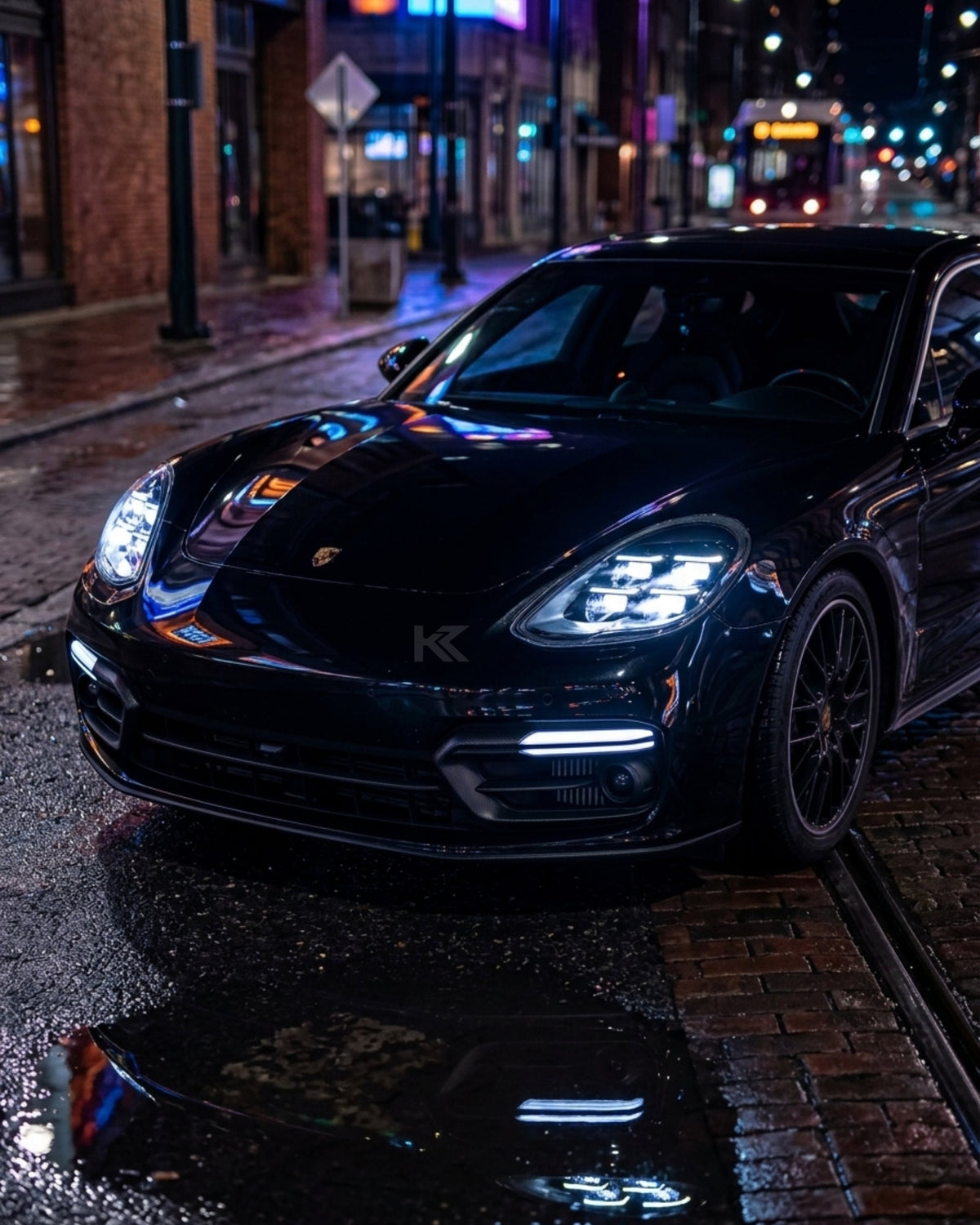 K2 Industries Porsche Panamera 970.1 LED headlight assembly with dual-color DRL, showing the sleek headlight design for 2010-2013 models.