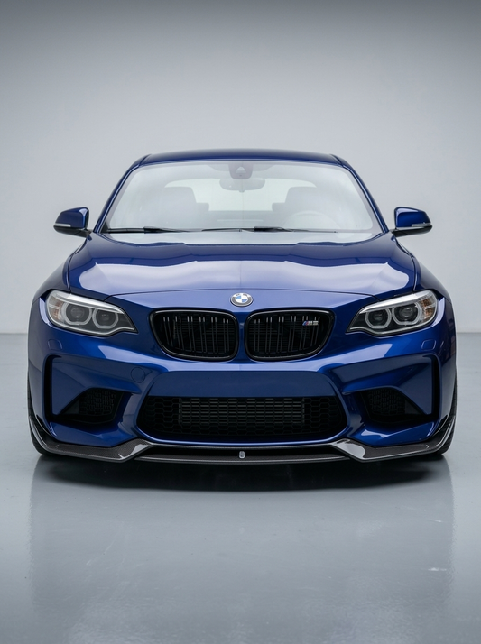 BMW 2 Series F87 M2 Carbon Fiber Front Lip by K2 Industries, showcasing sleek black carbon fiber design on the front bumper.