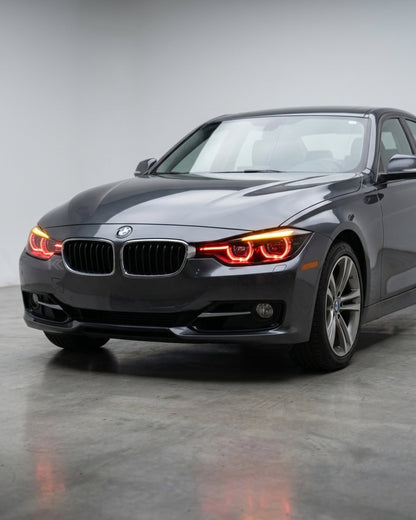 BMW 3 Series F30 F31 F35 V3 smoked LED headlight assembly with white, yellow, and red DRL for 2012-2018, by K2 Industries.