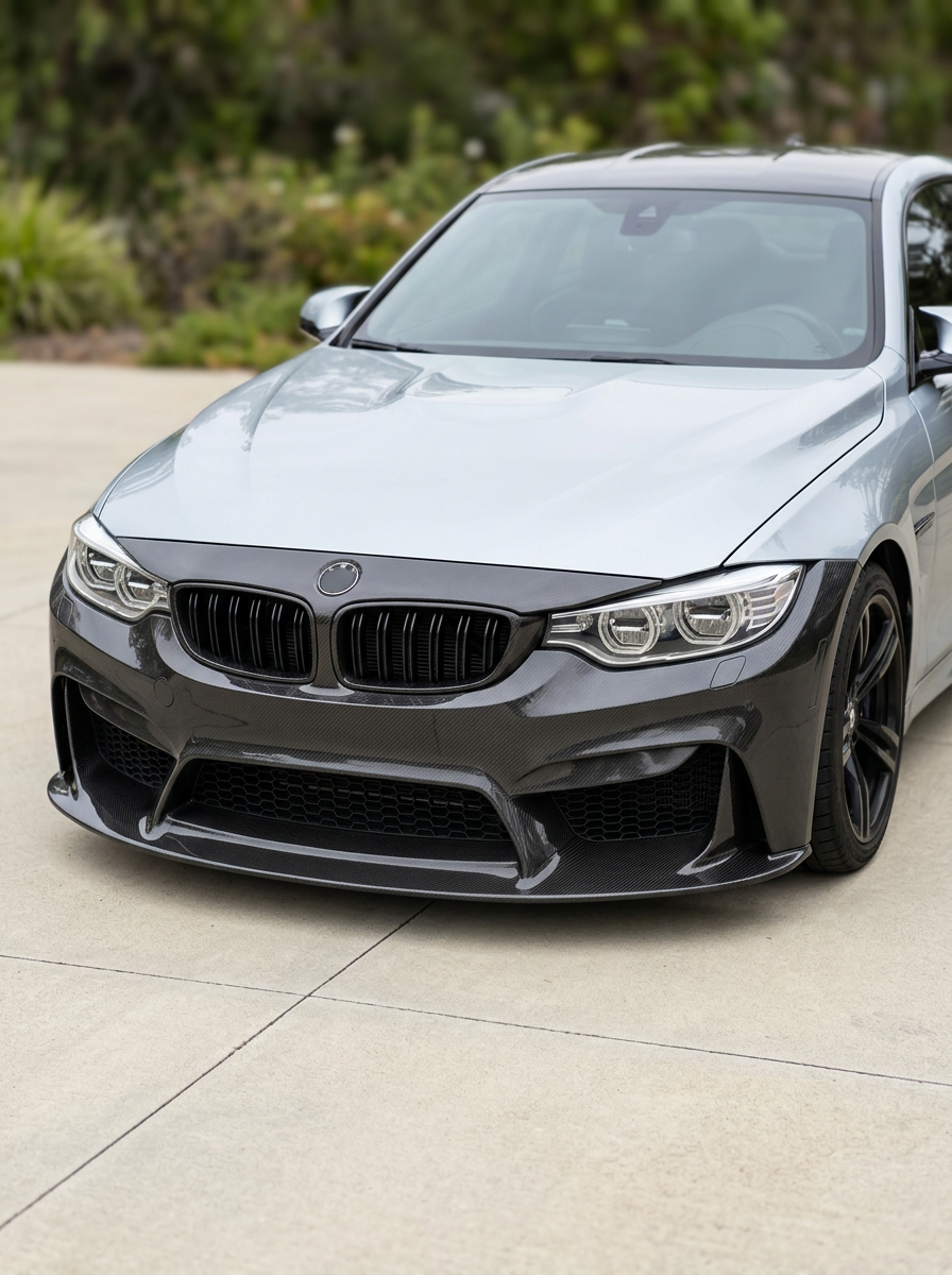BMW 3 Series F80 F82 F83 carbon fiber front bumper by K2 Industries, showing the detailed aerodynamic design and glossy finish.
