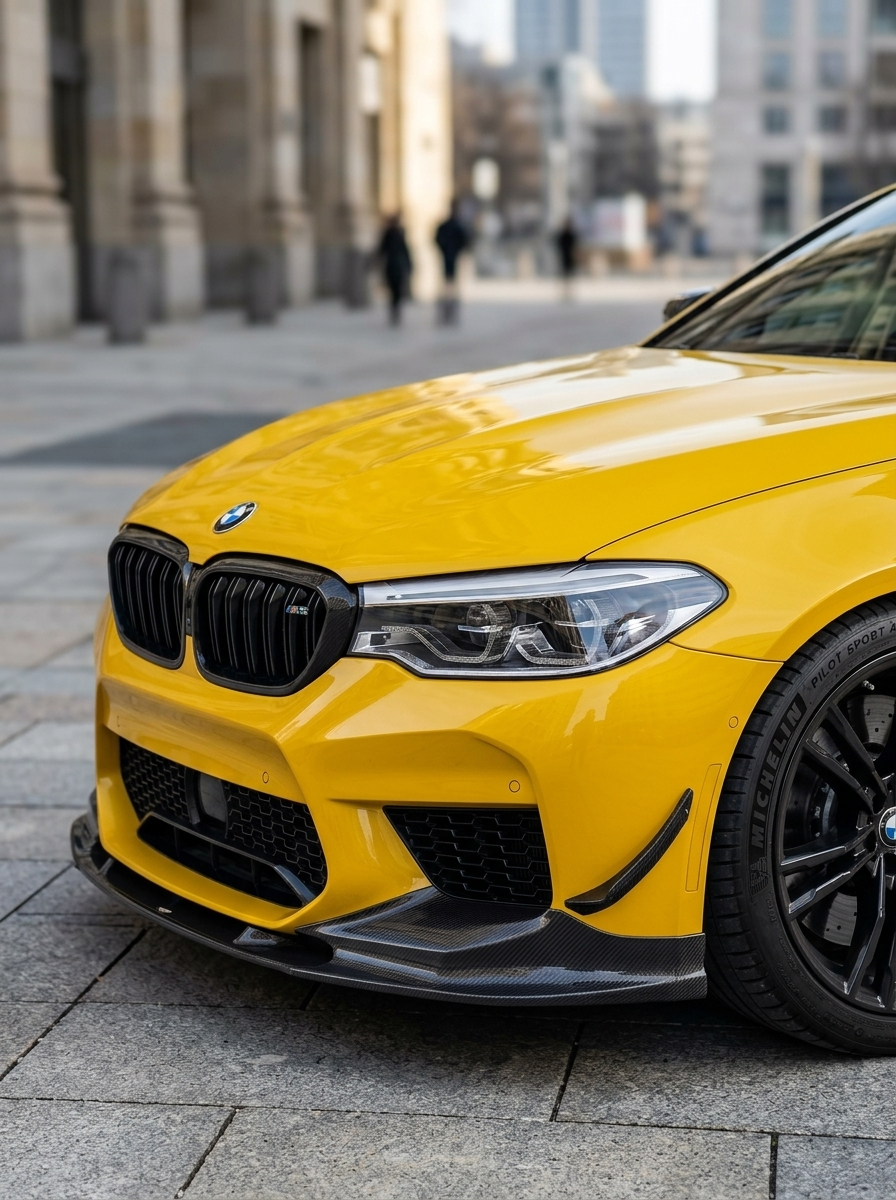 BMW 5 Series F90 M5 3D Style carbon fiber front lip, designed for 2018+ models, by K2 Industries, shown on vehicle front bumper.