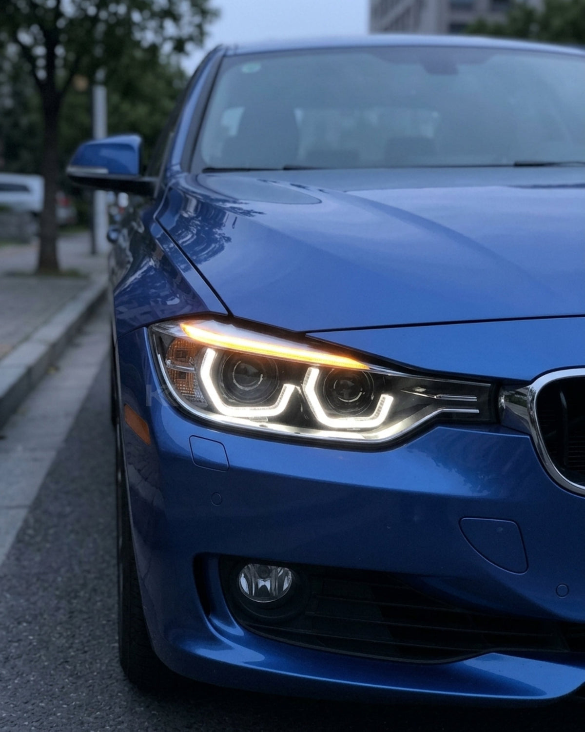 BMW 3-Series F30 F35 modern style LED headlights by K2 Industries, showing sleek design and bright LED illumination.