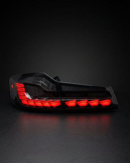 BMW 5-Series G30 G38 LED flow tail lights by K2 Industries, showing sleek red and clear lens design for 2018-2020 models.
