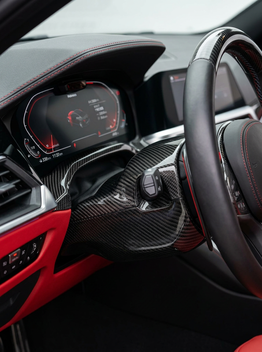 BMW 3 Series G80 G81 M3 and 4 Series G82 G83 M4 carbon fiber steering column cover by K2 Industries, shown on the steering column.