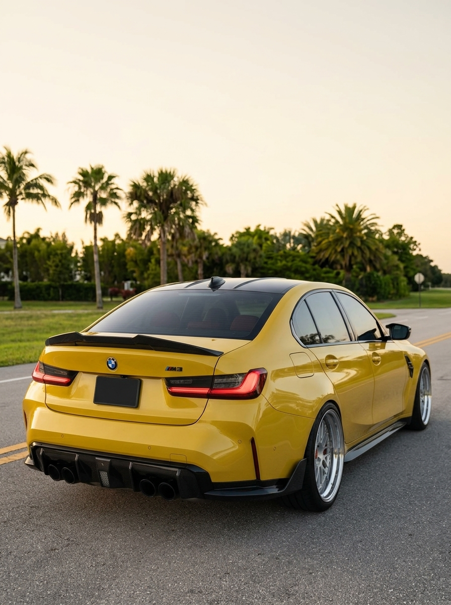 BMW 3 Series G20 G28 G80 M3 carbon fiber trunk spoiler by K2 Industries, sleek design, lightweight, fits 2019-2024 models.