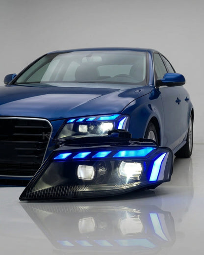 K2 Industries Audi A4 RS style LED headlight assembly with daytime running lights for 2008-2012 models, showing the front view.