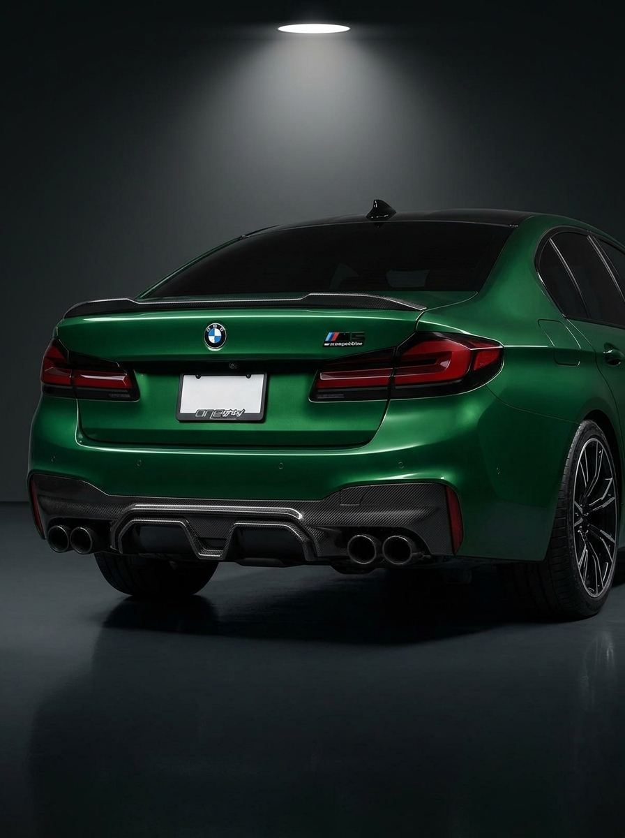 BMW 5 Series F90 M5 CS Style carbon fiber rear diffuser by K2 Industries, featuring sleek aerodynamic design and textured finish.