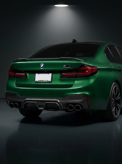 BMW 5 Series F90 M5 CS Style carbon fiber rear diffuser by K2 Industries, featuring sleek aerodynamic design and textured finish.