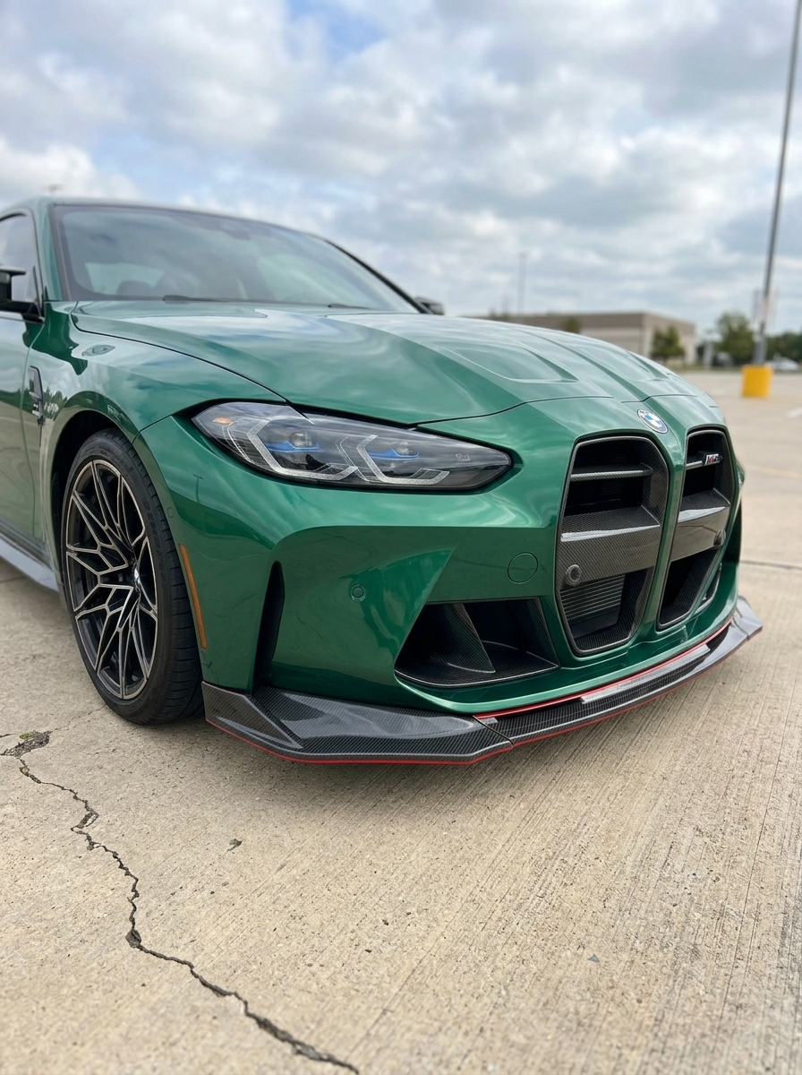 BMW 3 Series M3 M4 G80 G82 carbon fiber front lip by K2 Industries, showcasing the sleek V style design on a 2019+ model.