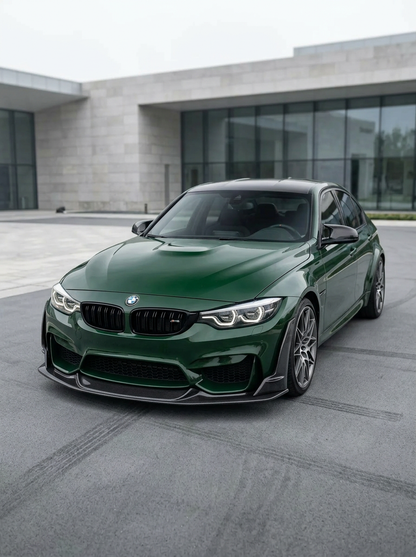 K2 Industries carbon fiber front lip for BMW 3 Series F80 M3 F82 F83 M4, sporty Laptor style, fits 2015-2021 models.
