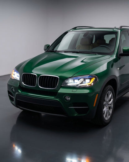 BMW X5 E70 LED headlights upgrade by K2 Industries, showing a close-up of modern, bright LED headlight units for 2007-2013 models.