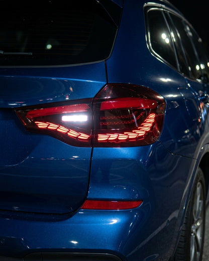 BMW X3 G01 and iX3 G08 LED GTS Dragon Scale style tail lights in red or black, designed for 2019-2022 models, by K2 Industries.