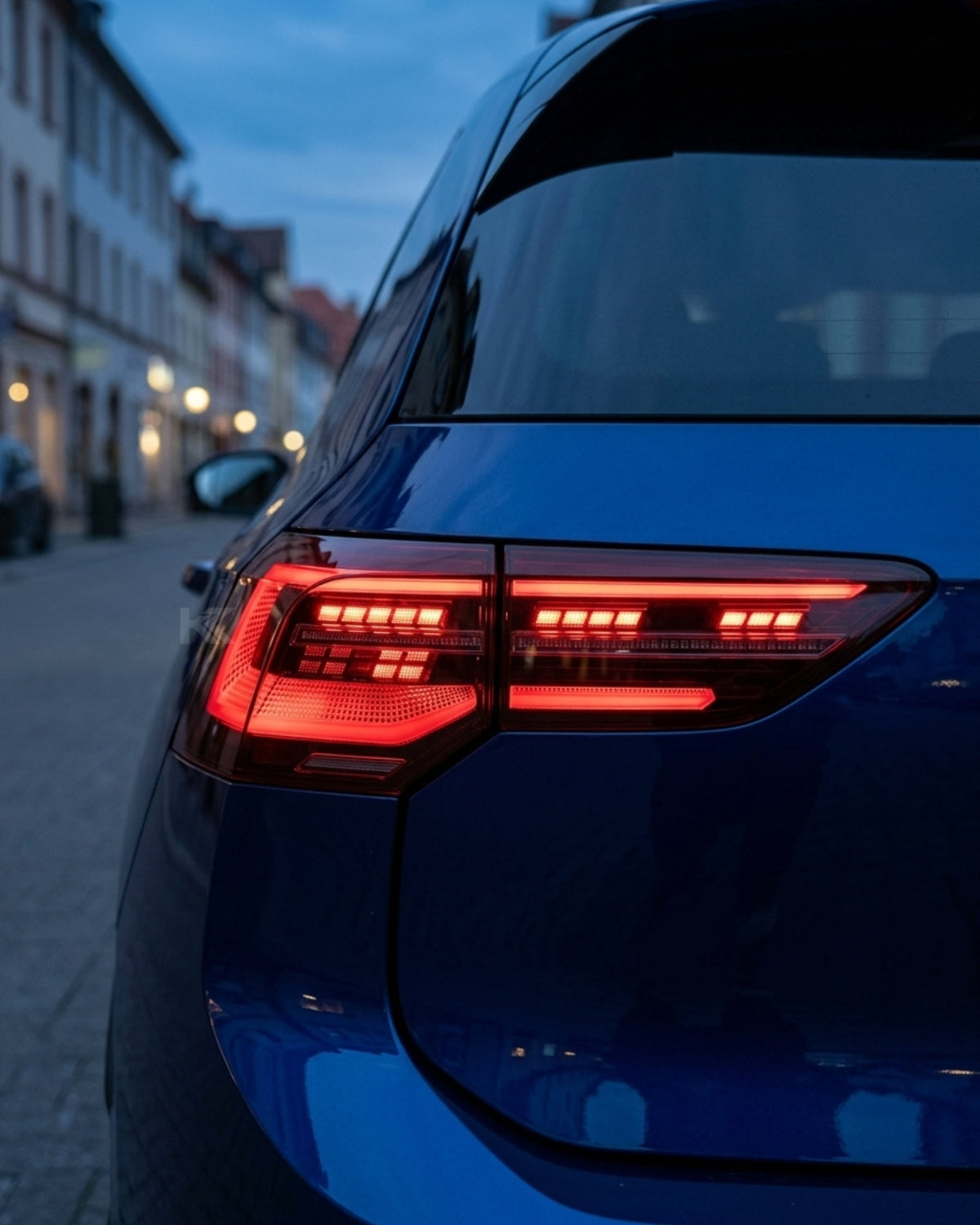 Volkswagen Golf 8 LED tail lights by K2 Industries, European style, for model years 2020 to 2023, showing close-up of illuminated lights