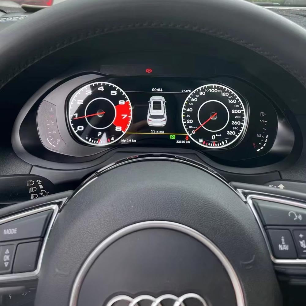 Audi A4 A5 Q5 S4 S5 B8 digital LCD instrument cluster by Carlinklife®, showing a sleek digital dashboard gauge display.