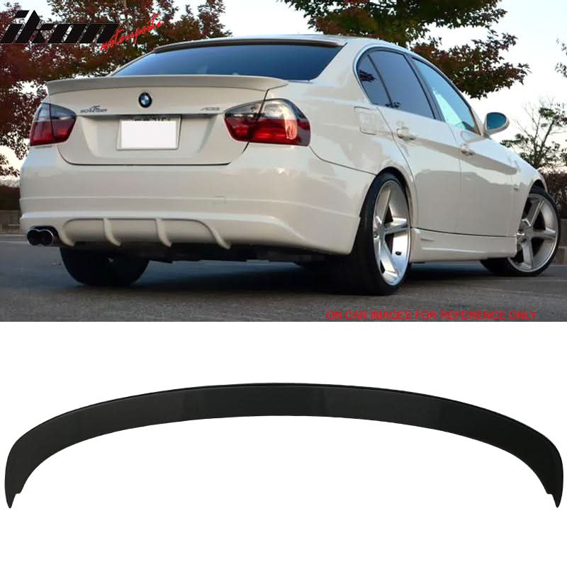 BMW E90 3 Series sedan rear trunk spoiler by K2 Industries, ABS, designed for 2006-2011 models, enhances sporty look.