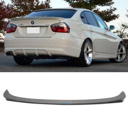 BMW E90 3 Series sedan rear trunk spoiler by K2 Industries, ABS material, designed for 2006-2011 models, enhances sporty appearance.