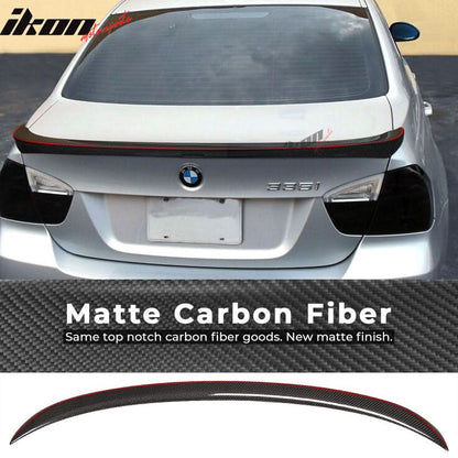 BMW E90 3 Series 4-door trunk spoiler in carbon fiber with red line style by K2 Industries, sleek aerodynamic design.