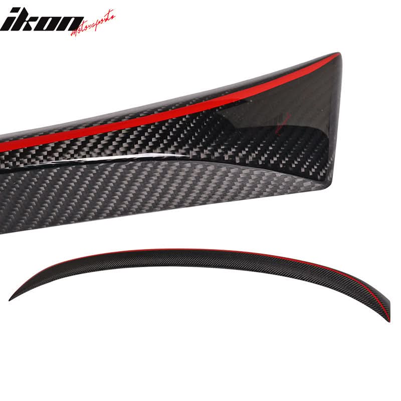 BMW E90 3 Series 2006-2011 carbon fiber red line style trunk spoiler by K2 Industries, showing side view with detailed carbon fiber finish.