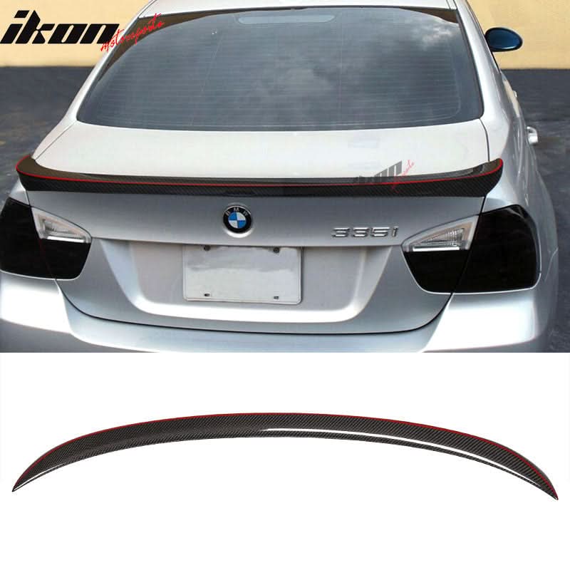 BMW E90 3 Series 2006-2011 trunk spoiler in carbon fiber with red line style, designed for sporty enhancement by K2 Industries