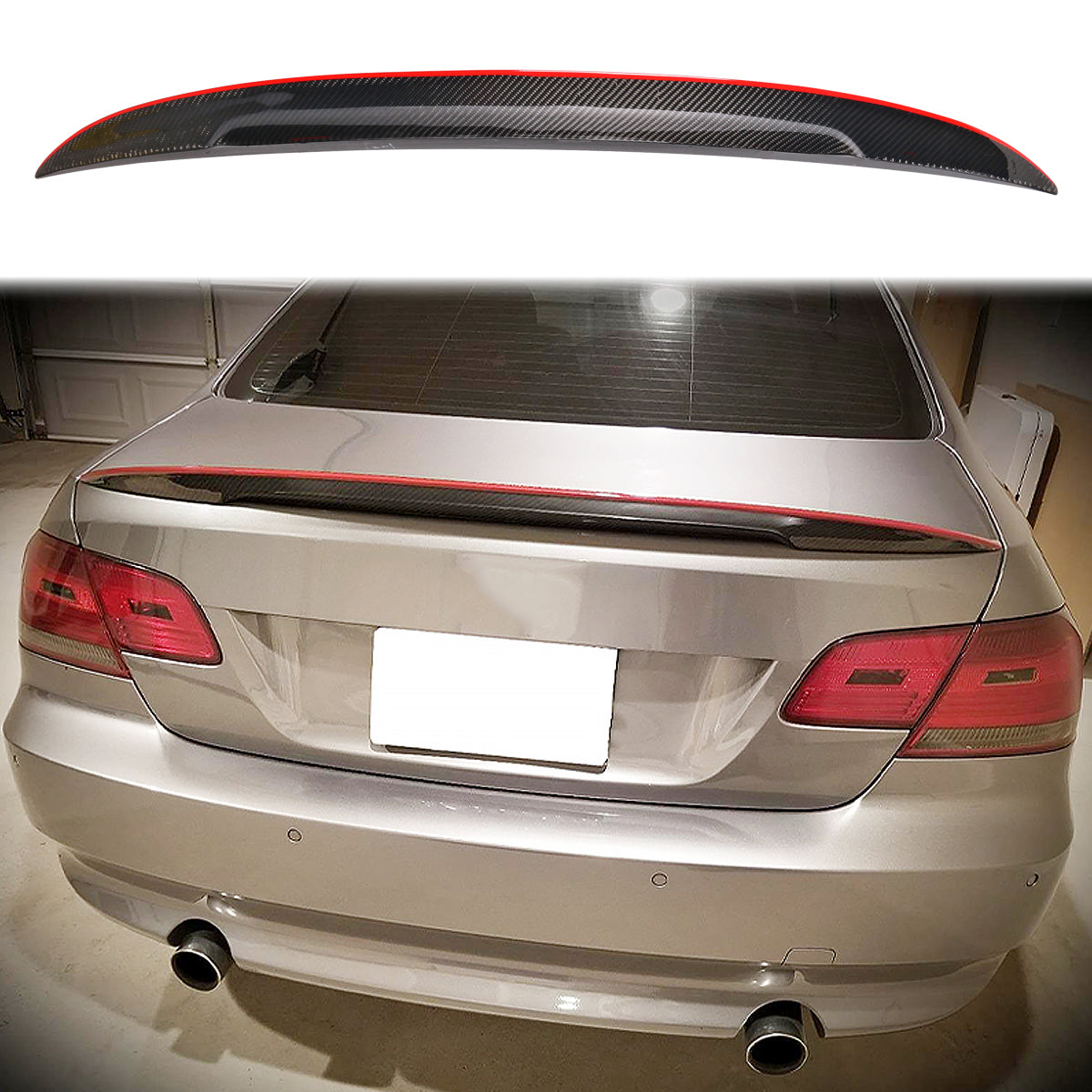 K2 Industries red line trunk spoiler for BMW 3 Series E92 2-door coupe, 2007-2013, equipped with P Style design.