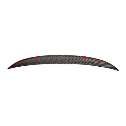 BMW 3 Series E92 coupe trunk spoiler by K2 Industries, red line P style spoiler for 2007-2013 models, mounted on car trunk lid
