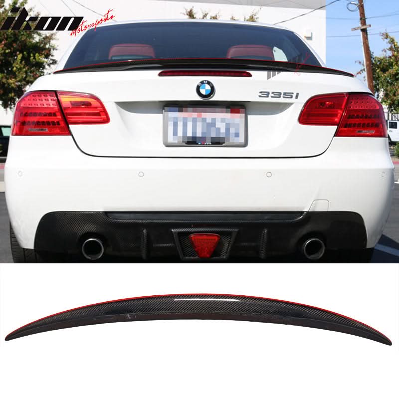BMW E93 3 Series Convertible 2007-2013 red line carbon fiber trunk spoiler by K2 Industries, mounted on the rear of the car.