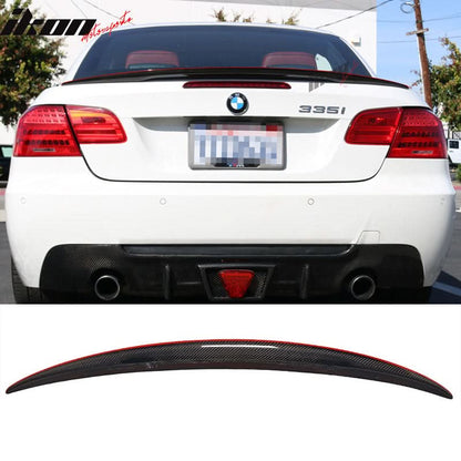 BMW E93 3 Series Convertible 2007-2013 red line carbon fiber trunk spoiler by K2 Industries, mounted on the rear of the car.