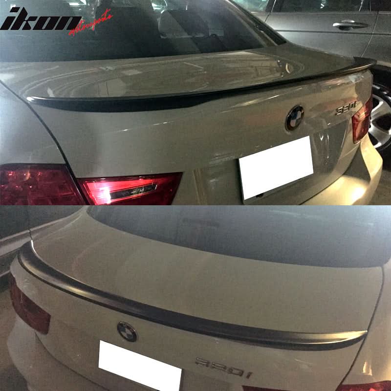 BMW E90 3 Series sedan trunk spoiler by K2 Industries, made of ABS, enhances sporty look and aerodynamics.