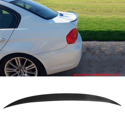 BMW E90 3 Series sedan 2006-2011 performance trunk spoiler by K2 Industries, made of durable ABS, shown on a white background