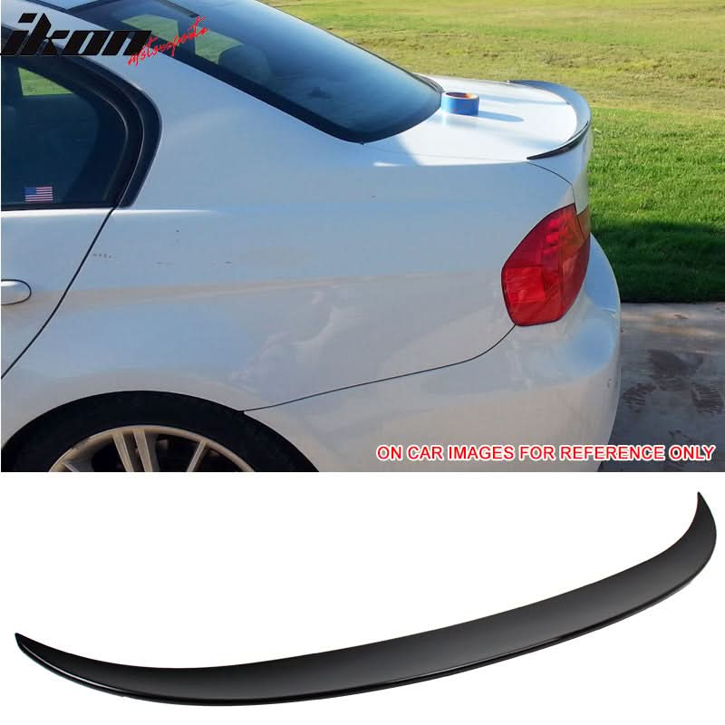 BMW E90 3 Series sedan trunk spoiler by K2 Industries, ABS material, performance style, fits 2006-2011 models, sleek aerodynamic design.