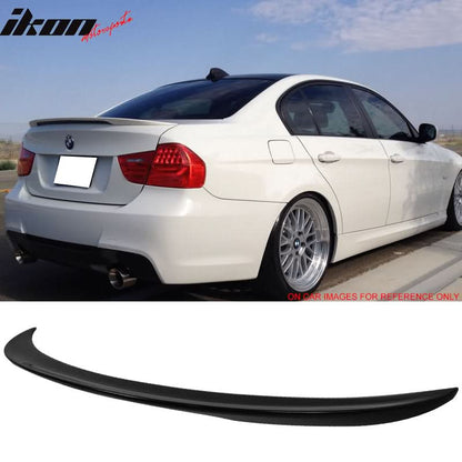 BMW E90 3 Series sedan 2006-2011 performance style trunk spoiler by K2 Industries, made of ABS, shown from rear view.