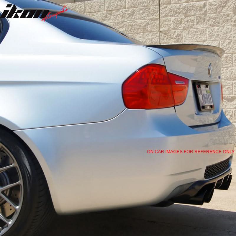 BMW E90 3 Series sedan 2006-2011 ABS performance style trunk spoiler by K2 Industries, shown on a white background.