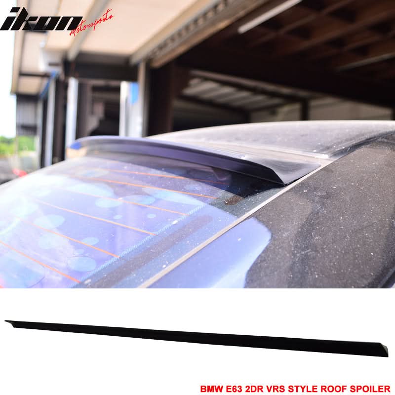 Unpainted black BMW E63 2-door VRS style roof spoiler by K2 Industries, designed for 2004-2008 models, featuring sleek aerodynamic lines.