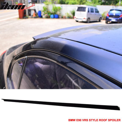 Unpainted black BMW 3-Series E90 VRS style roof spoiler from K2 Industries, designed for 2005-2011 models, shown with border.