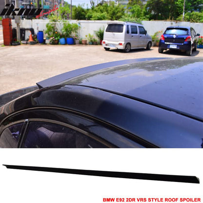 Unpainted VRS style roof spoiler for BMW 3 Series E92 coupe, made by K2 Industries, shown on a car with a border around the image.