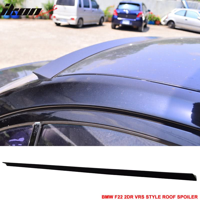 Unpainted VRS style roof spoiler for BMW 2-Series F22 2014-2021, made by K2 Industries, shown on a car with a mounted spoiler.