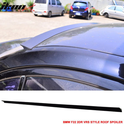 Unpainted VRS style roof spoiler for BMW 2-Series F22 2014-2021, made by K2 Industries, shown on a car with a mounted spoiler.