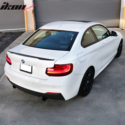 Unpainted black ABS BMW F22 high kick P style trunk spoiler wing by K2 Industries, designed for 2014-2021 BMW F22 models.