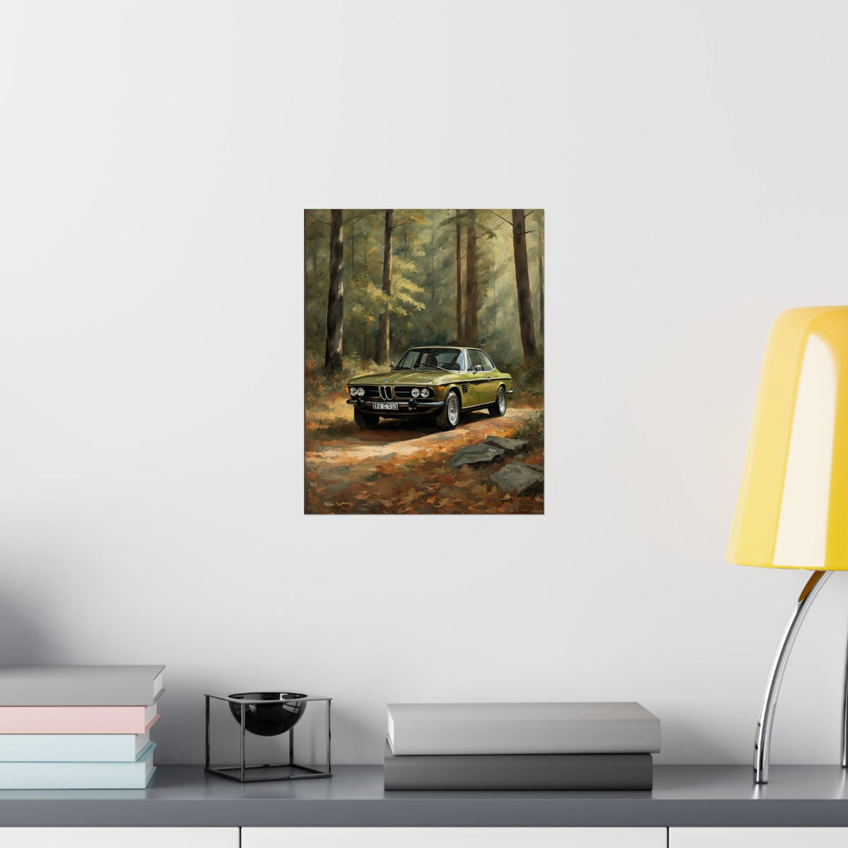 1973 BMW 30 CSL Wall Art Taiga Metallic Green Autumn Forest Sunlight Poster Classic German Sports Coupe Oil Painting Fine Art Print for Home Office Decor