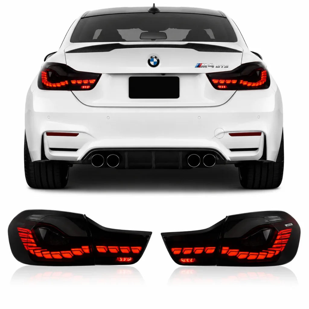 BMW 4 Series F32 F82 Vekto OLED GTS style red smoked tail lights installed on a 2012-2018 model coupe.