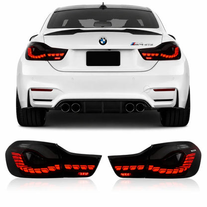 BMW 4 Series F32 F82 Vekto OLED GTS style red smoked tail lights installed on a 2012-2018 model coupe.