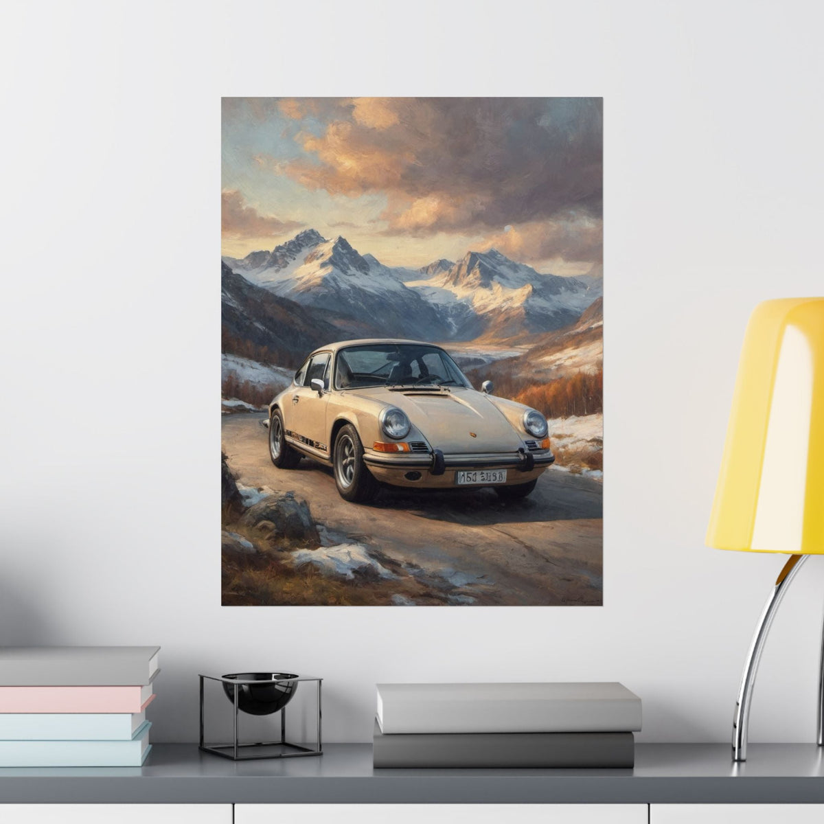 1973 Porsche 911 Wall Art Beige Sahara Grey Snow Capped Alps Alpine Pass Sunset Poster Classic German Sports Car Oil Painting Fine Art Print for Home Office Decor