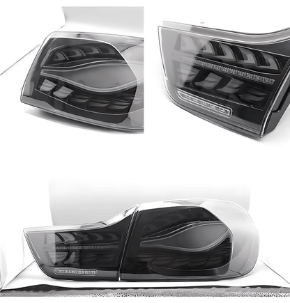 BMW F32 F36 F82 F33 F83 4 Series black LED tail lights with double dragon scale design by K2 Industries, for 2013-2018 models.