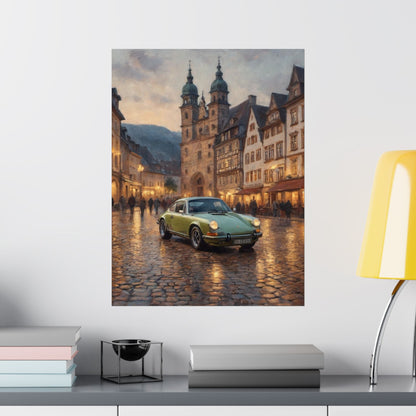 1973 Porsche 911 Wall Art Lime Yellow Green Old German Town Cobblestone Dusk Poster Classic German Sports Car Oil Painting Fine Art Print for Home Office Decor