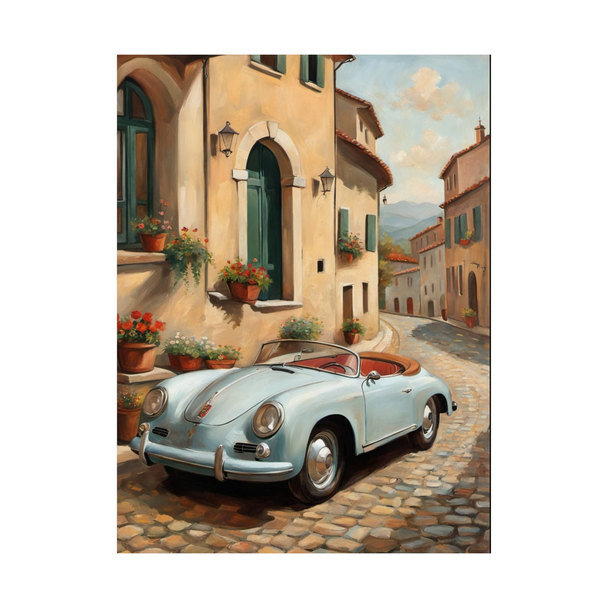 Vintage 1956 Porsche 356 Speedster Poster | Italian Village Street Wall Art | Impressionist European Classic Sports Car Fine Art Paper Print