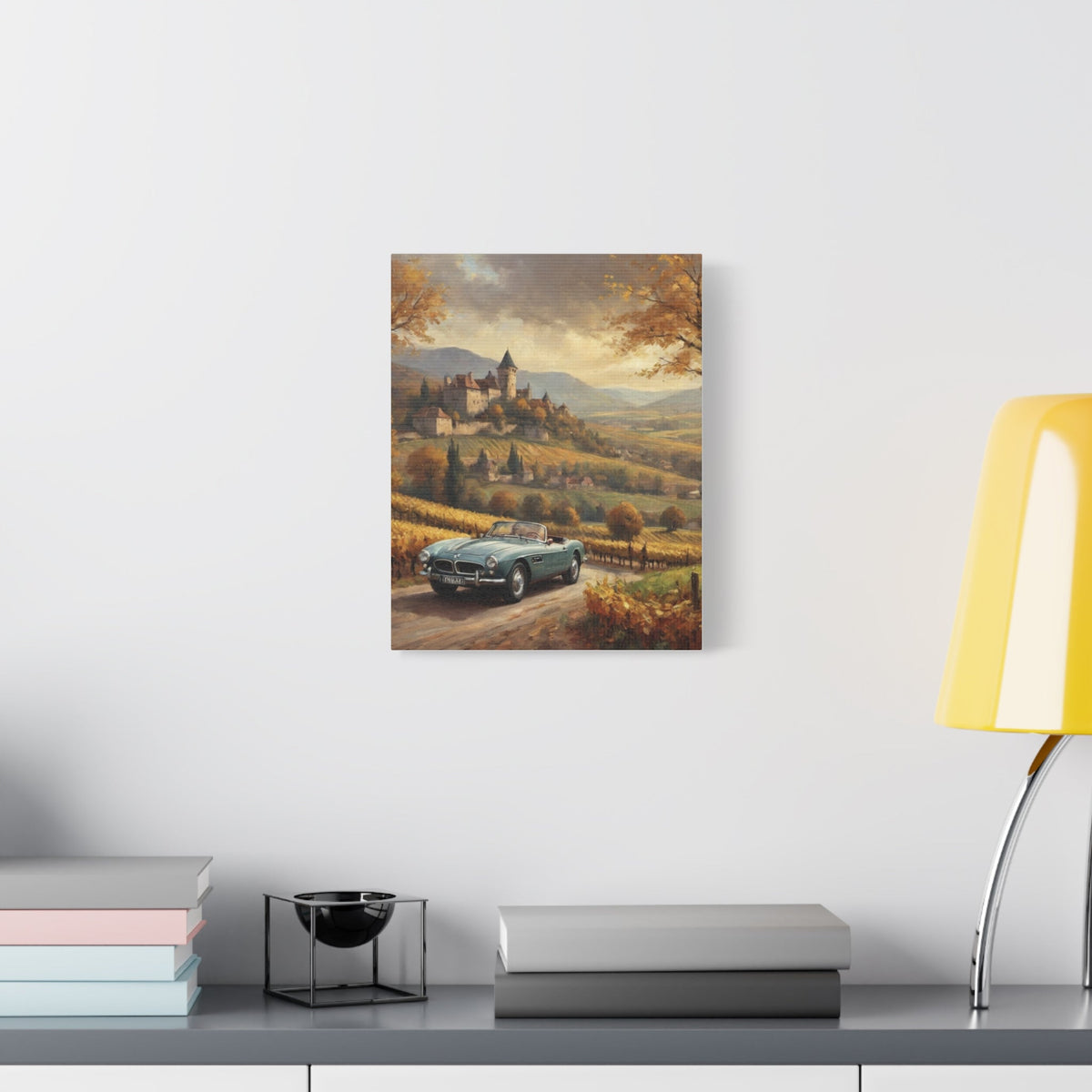 Vintage 1957 BMW 507 Roadster Canvas Wall Art | Autumn Vineyard Castle Valley Canvas Print | Impressionist Classic European Sports Car Art for Living Room & Office