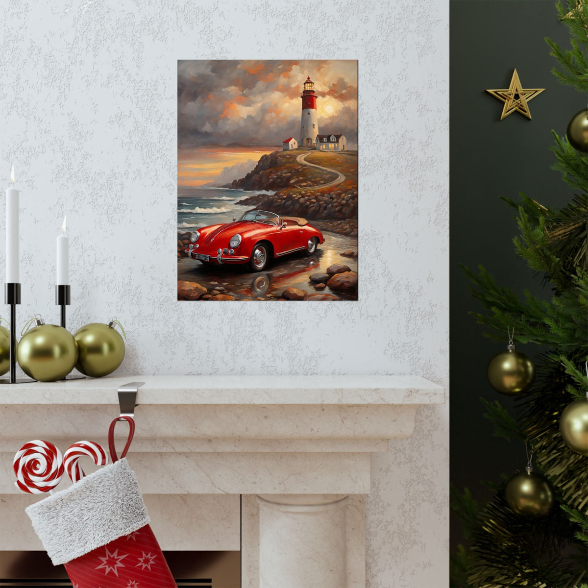 Vintage 1956 Porsche 356 Speedster Poster | Coastal Lighthouse Sunset Wall Art | Impressionist European Classic Sports Car Fine Art Paper Print