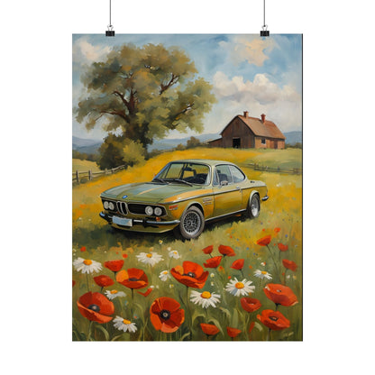 1973 BMW 30 CSL Wall Art Taiga Green Spring Poppy Field Countryside Barn Poster Classic German Sports Coupe Oil Painting Fine Art Print for Home Office Decor