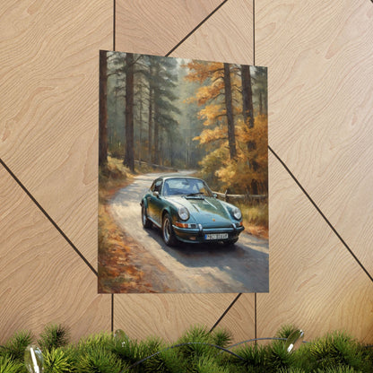 1973 Porsche 911 Wall Art Forest Green Autumn Pine Forest Dirt Road Poster Classic German Sports Car Oil Painting Fine Art Print for Home Office Decor